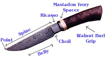 Labeled diagram of knife parts on a fixed-blade hunter by Dave Ellis