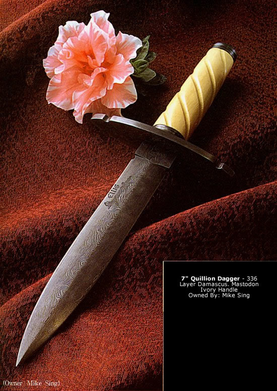 Ellis 336-layer Damascus quillion dagger with mastodon ivory handle, from the Knife Magazine feature
